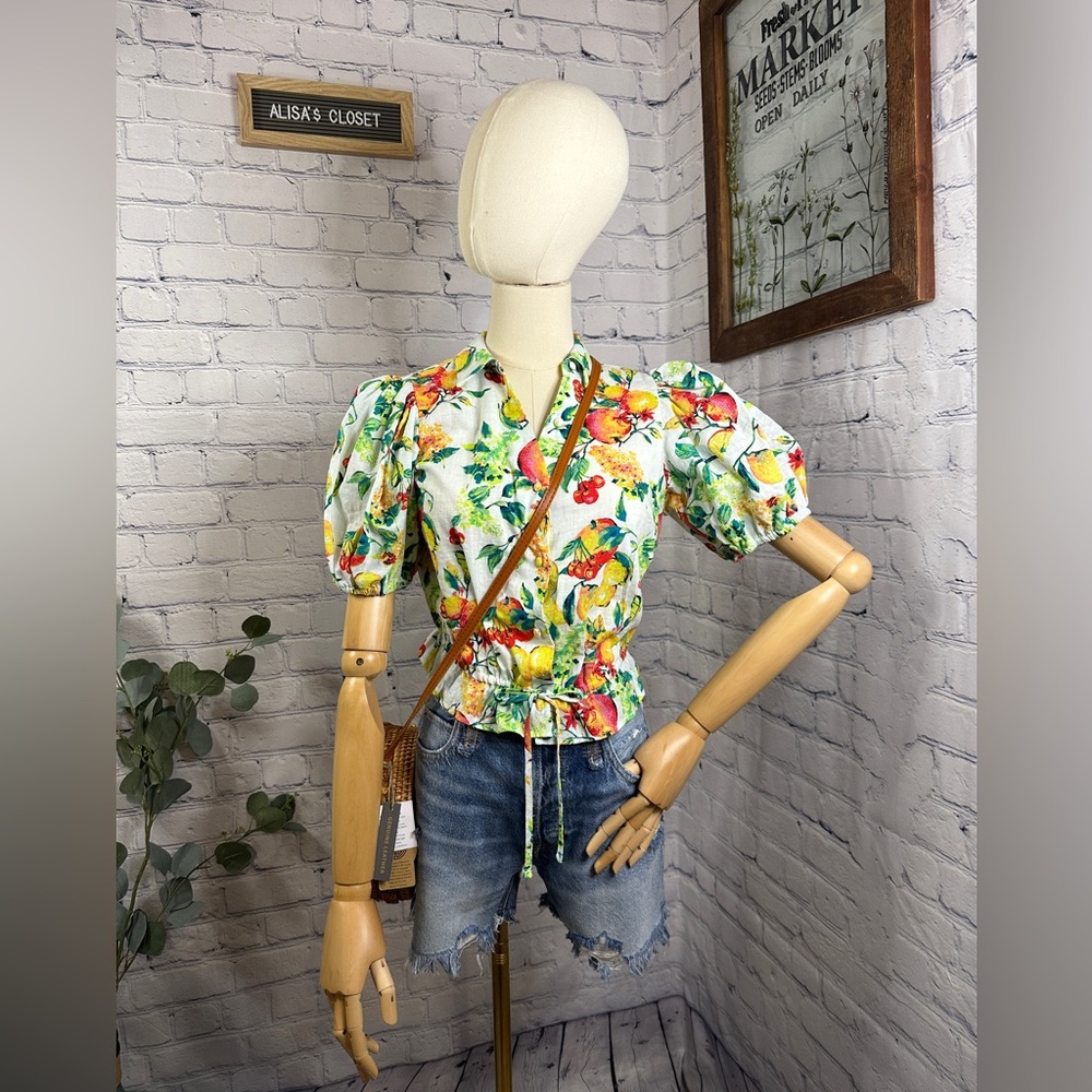 LC Lauren Conrad Tropical Fruit Button-Front Puff-Sleeve blouse